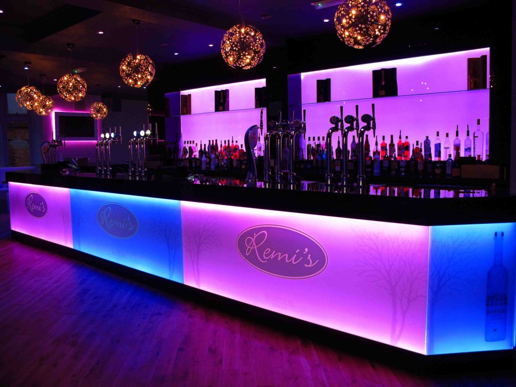 Illuminated glass splashback - Remi's bar pink & blue LED splachback